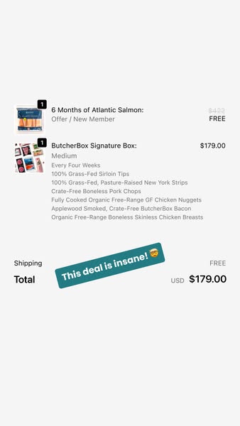 The image is a screenshot of an online cart that includes 6 Months of Atlantic Salmon for FREE and a ButcherBox Signatur