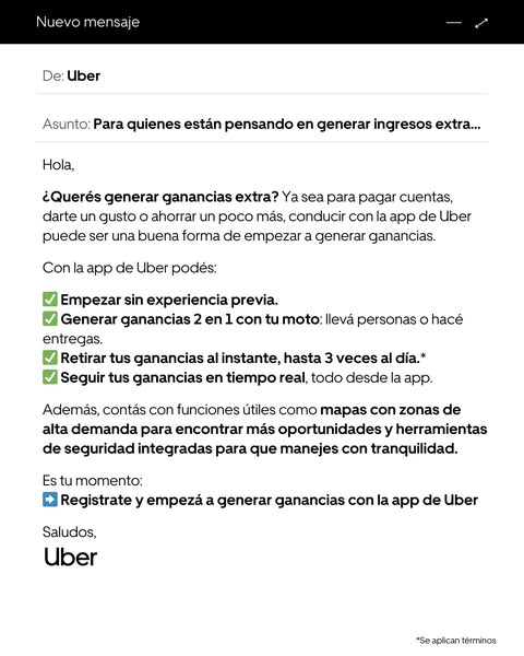 This image ad is formatted as an email from Uber to its customers, promoting the opportunity to generate extra income by