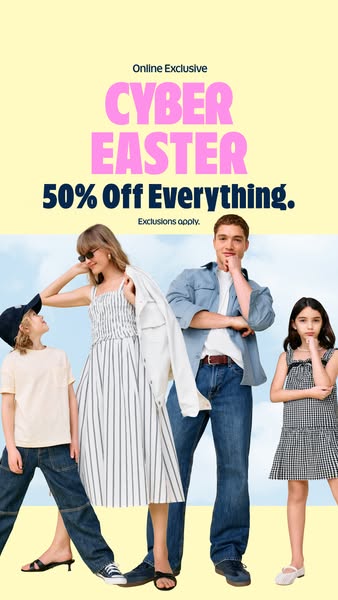 This image ad showcases a 'Cyber Easter' promotion by Old Navy, offering 50% off everything. It features a diver
