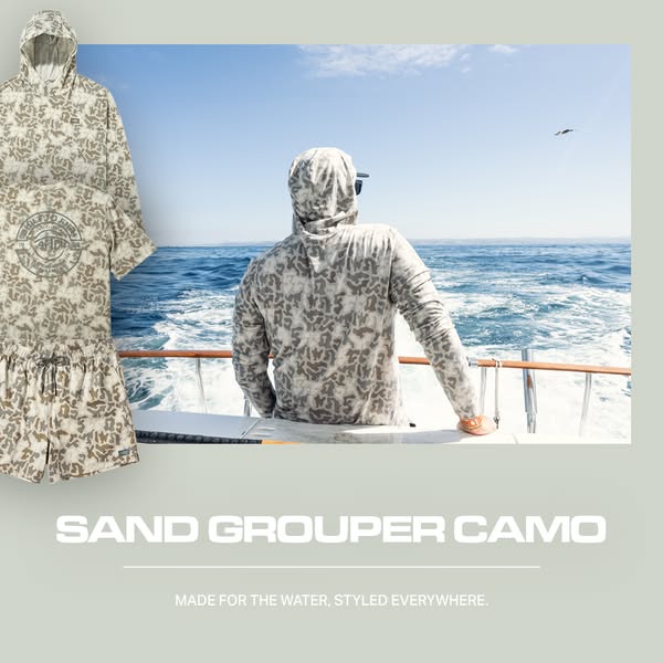 This ad showcases a hooded long sleeve shirt and pair of shorts with a camo print. The shirt is worn by a man on a boat,