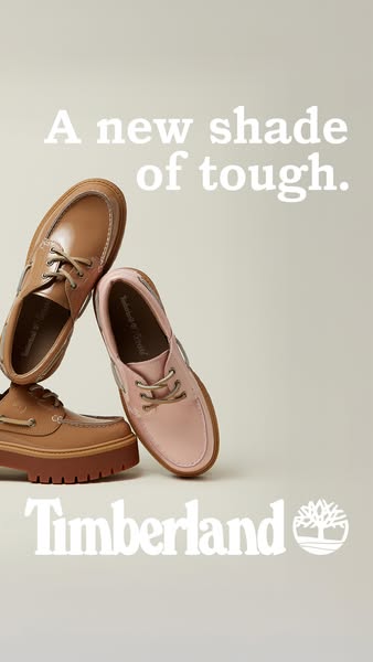 This ad showcases Timberland boat shoes in two colors—brown and pink—highlighting the brand's combination of durabil