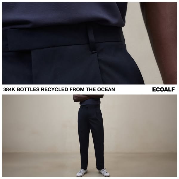 This image ad showcases Ecoalf trousers, highlighting their commitment to sustainability by stating that 384,000 bottles
