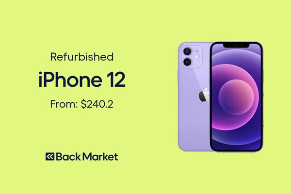 This image ad for Back Market features a purple iPhone 12 and promotes refurbished iPhones starting at $240.2.