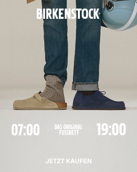 The ad features a split-screen setup with two different styles of Birkenstock shoes, representing different times of the