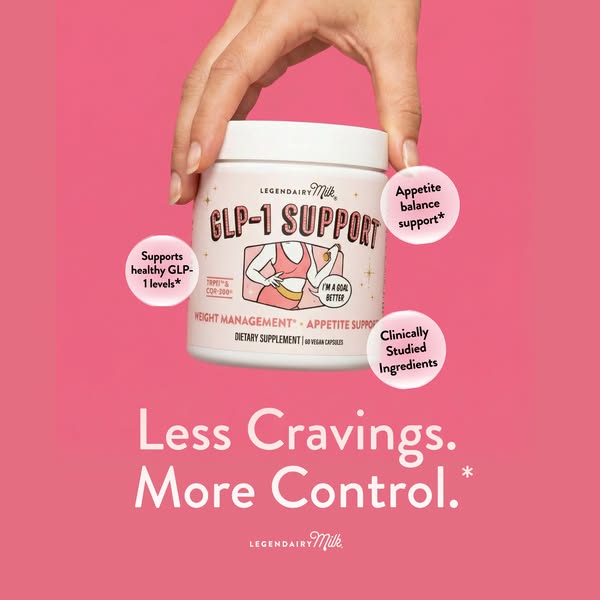 This image ad for Legendairy Milk's GLP-1 Support capsules highlights the product's benefits, ingredients, and a