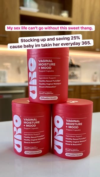 Image ad for URO Vaginal Moisture + Mood Support Capsules, featuring three stacked containers of the product and text ab