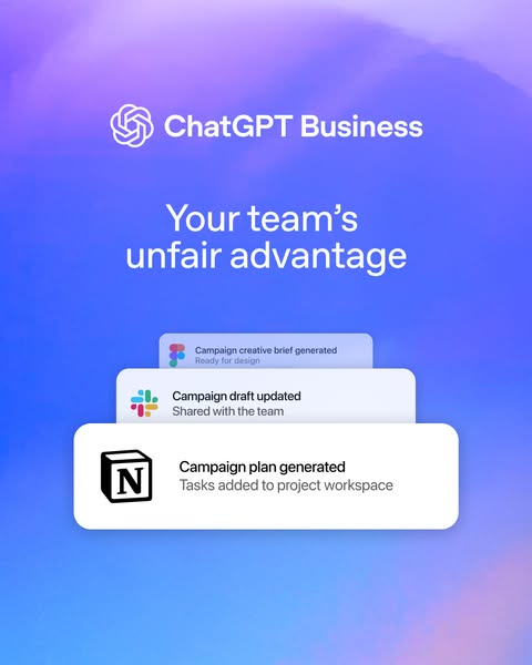 The ad features stacked notifications that showcase the benefits of using ChatGPT Business for team collaboration and pr