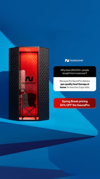 An ad for the SaunaPro delivers spa-quality heat therapy at home for less than 3 spa visits and offering 50% off during 