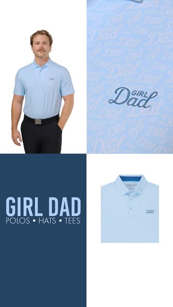 This ad for Girl Dad apparel features a male model wearing a light blue polo, along with close-ups of the shirt. The ad 