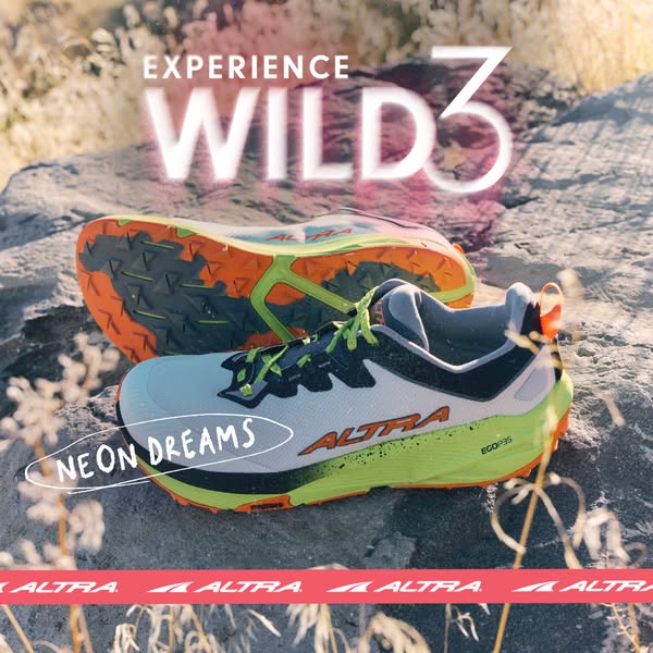 This ad showcases Altra Wild 3 trail running shoes. The ad emphasizes the adventurous and untamed spirit of trail runnin