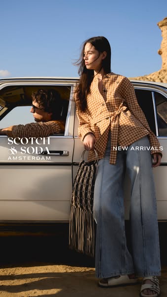This image ad showcases Scotch & Soda's new arrivals with a lifestyle image featuring two models in the desert s