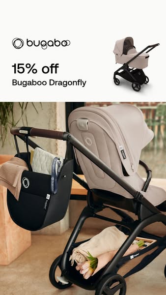 This image ad promotes the Bugaboo Dragonfly stroller with a 15% discount. The ad features a stylish and detailed view o