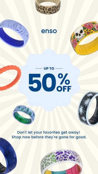 This image ad showcases a variety of Enso rings and highlights a sale of up to 50% off. It uses a radial product layout 