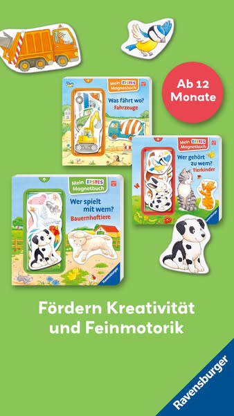 This ad features three children's magnetic books from Ravensburger on a green background, along with magnetic pieces