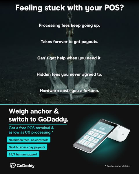The image ad highlights common pain points associated with existing point-of-sale (POS) systems and presents GoDaddy as 