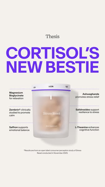 This ad promotes Thesis' Stress Reset dietary supplement, highlighting its key ingredients and their benefits for st