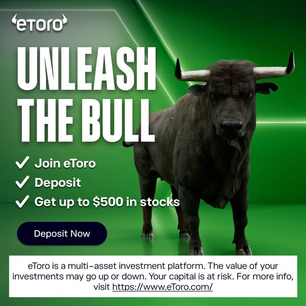 This image ad for eToro encourages users to join the platform, deposit funds, and potentially receive up to $500 in stoc