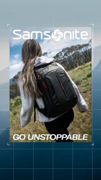 This ad for a Samsonite backpack features a person wearing the product in an outdoors setting and uses the tagline '