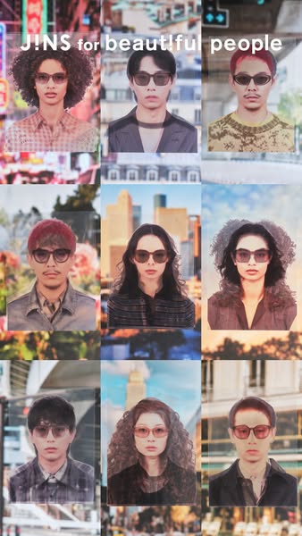 This ad for JINS Eyewear features a grid of nine images of people wearing the brand's sunglasses. The grid is set ag