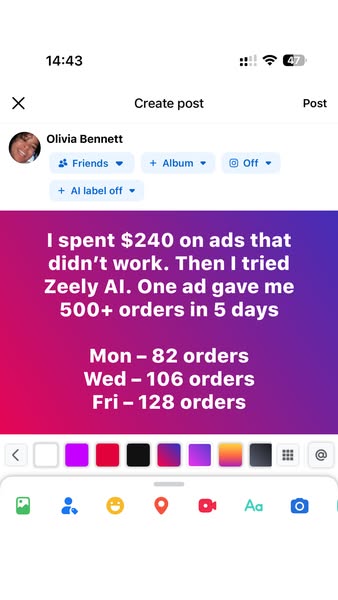 This ad features a testimonial screenshot from a person named Olivia Bennett who got better results with Zeely AI, speci