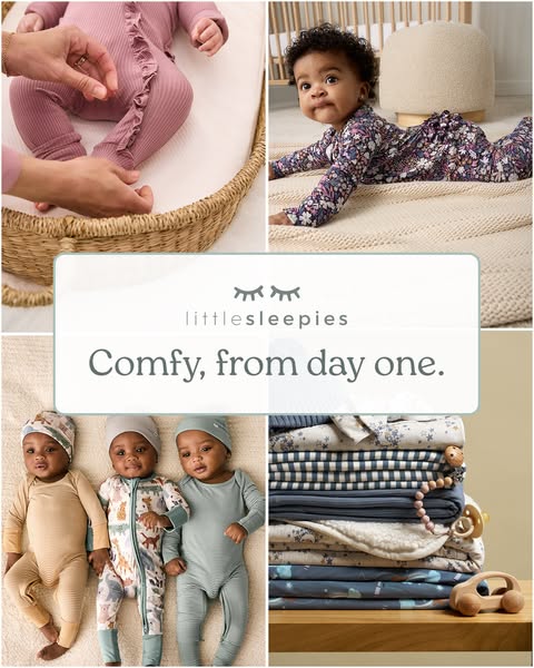 The ad features a collage of photos showcasing Little Sleepies baby clothing, emphasizing comfort and quality. It aims t