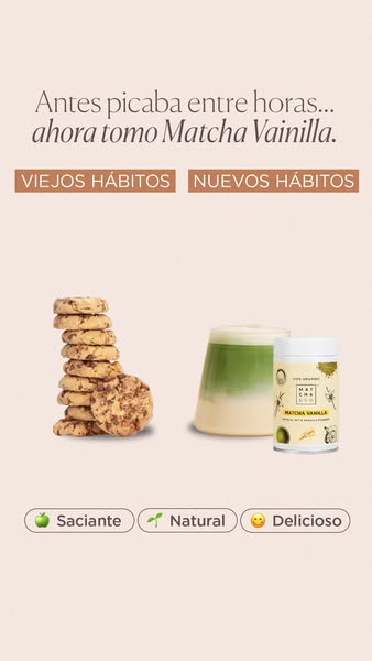 This image ad promotes Matcha Vanilla as a healthier alternative to snacking on cookies. It uses a before-and-after form