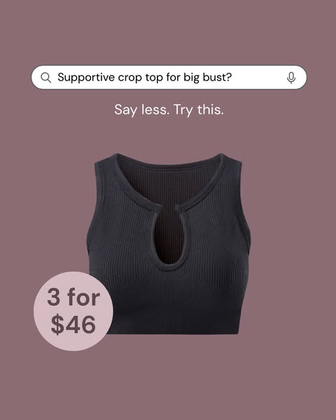 This ad features a close up of a black ribbed crop top. The ad includes a search bar mock up with a query for a supporti