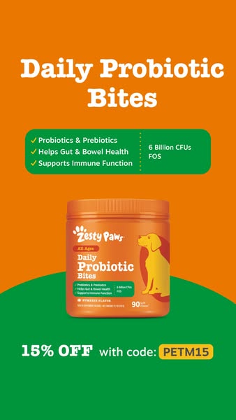 This ad for Zesty Paws Daily Probiotic Bites features a promotional offer of 15% off with code PETM15. The ad highlights