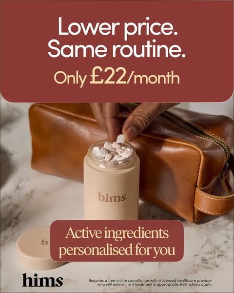 This image ad by Hims promotes a lower price for their personalized active ingredient medication, with a focus on mainta