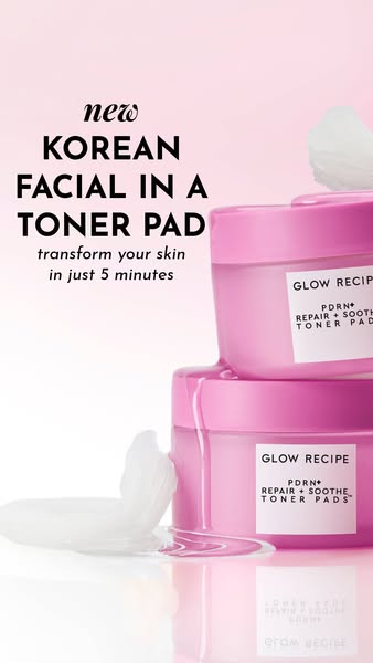 This image ad for Glow Recipe promotes their PDRN+ Repair + Soothe Toner Pads as a new Korean facial in a toner pad that