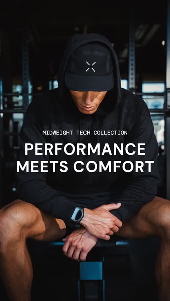 An image ad for Midweight Tech Collection apparel that features an athlete wearing the brand's hat and sweatshirt wi