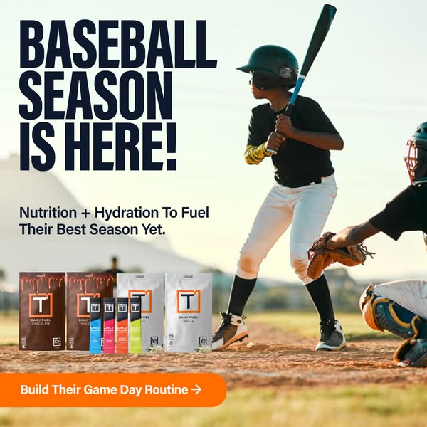 The ad shows the Daily Fuel nutrition and hydration products from the brand TB12, targeting baseball players who want to