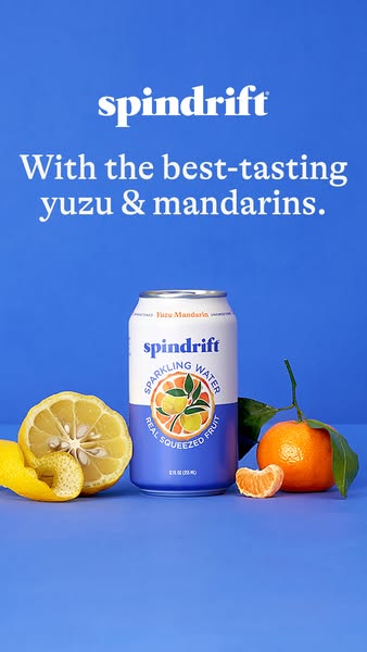 This ad features a can of Spindrift sparkling water with yuzu and mandarin flavors, positioned alongside fresh yuzu and 