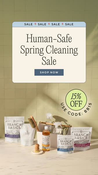 An image ad promoting Branch Basics, a brand of cleaning products, during a spring cleaning sale. The ad features a vari
