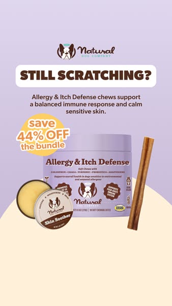 This ad is for Natural Dog Company products that support a balanced immune response and calm sensitive skin for dogs. It