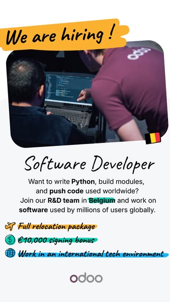 This image ad is for Odoo, advertising a job position as a Software Developer. It highlights benefits such as a relocati