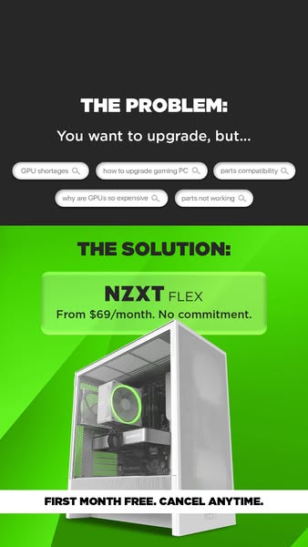 This ad presents the problem of wanting to upgrade your PC but encountering challenges like GPU shortages and compatibil