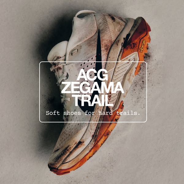 This ad for ACG Zegama Trail running shoes shows a single shoe covered in mud against a neutral background, emphasizing