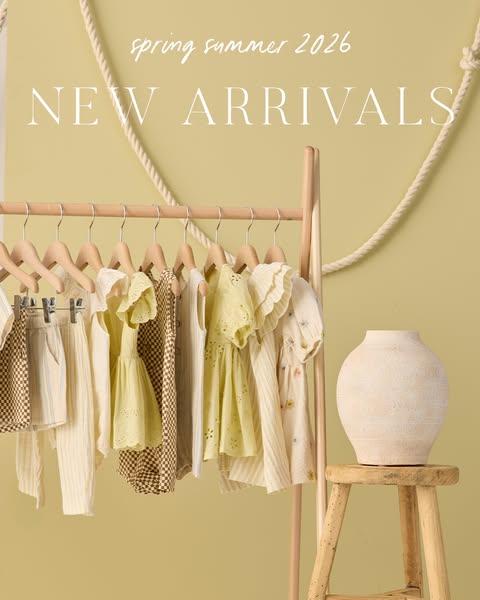 A visually driven ad showcasing new arrivals of baby and children's clothing for the spring and summer season. The a