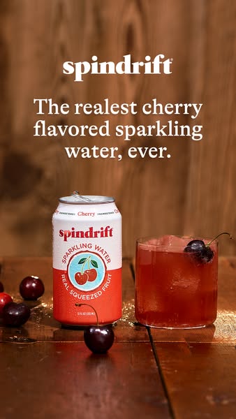 This image ad features a can of Spindrift cherry flavored sparkling water along with a glass of the sparkling water and 