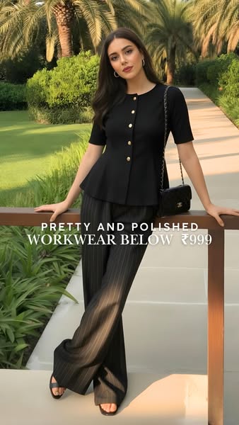 This image ad showcases a woman wearing a stylish workwear outfit, consisting of a black peplum top and pinstripe pants,