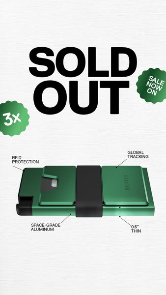 This ad promotes a minimalist wallet, emphasizing its compact design, material, and security features, with the added in