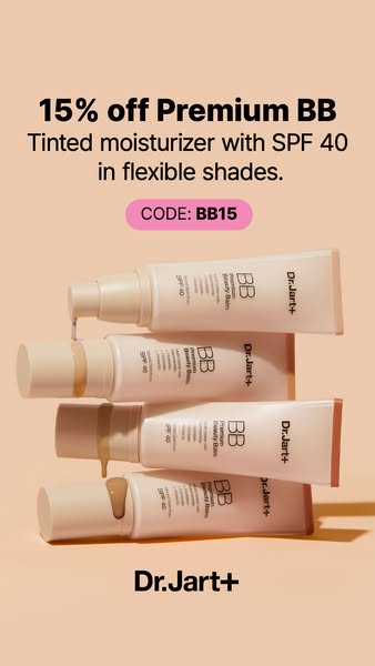 An image ad for Dr.Jart+'s Premium BB Tinted Moisturizer with SPF 40. The ad promotes a 15% discount with a code, sh