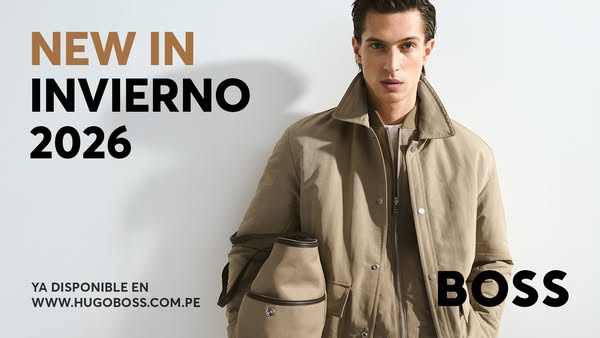 This image ad by BOSS promotes new products for the winter of 2026. The ad features a man wearing a light brown jacket a