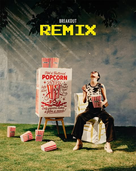 This ad features a woman enjoying "Hot & Buttered" popcorn outdoors, styled with a vintage, retro aestheti