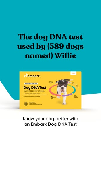 This ad promotes Embark dog DNA tests using social proof by mentioning that 589 dogs named Willie have used the test, an