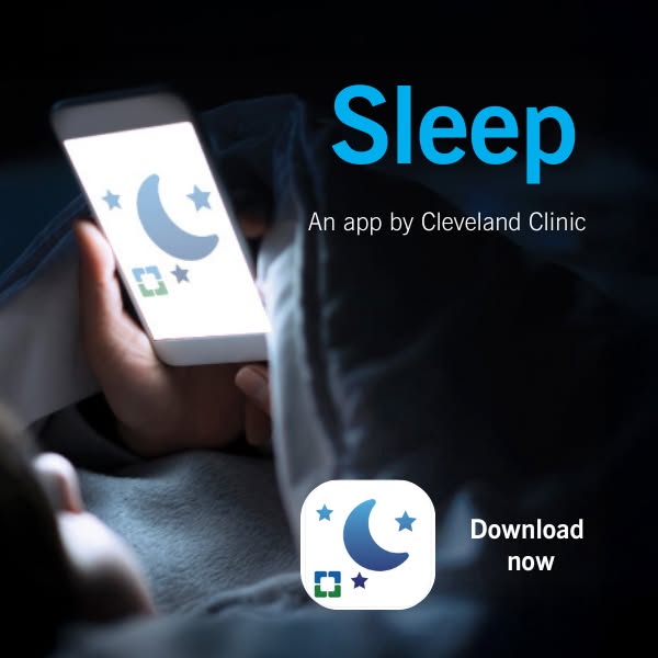 This ad promotes a sleep app by Cleveland Clinic. The image shows a person in bed holding a phone with the app displayed
