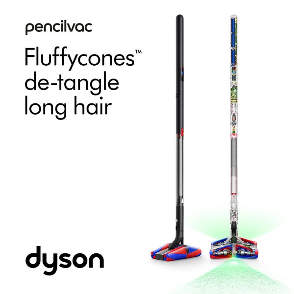 This image ad showcases a Dyson vacuum cleaner, highlighting its innovative Fluffycones™ technology designed to detangle