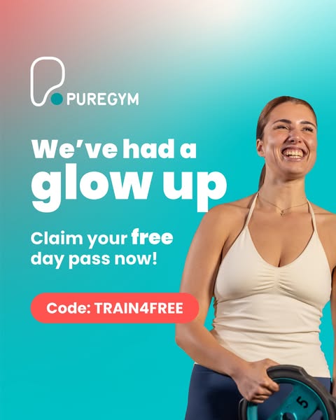 This PureGym ad features a smiling woman holding a weight plate, with text promoting a free day pass using a code.