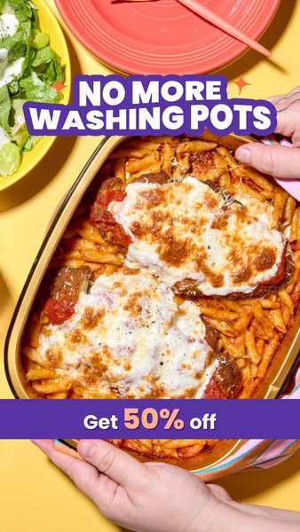 This image ad is promoting a food delivery service that offers ready-to-bake meals in disposable pans, highlighting the 